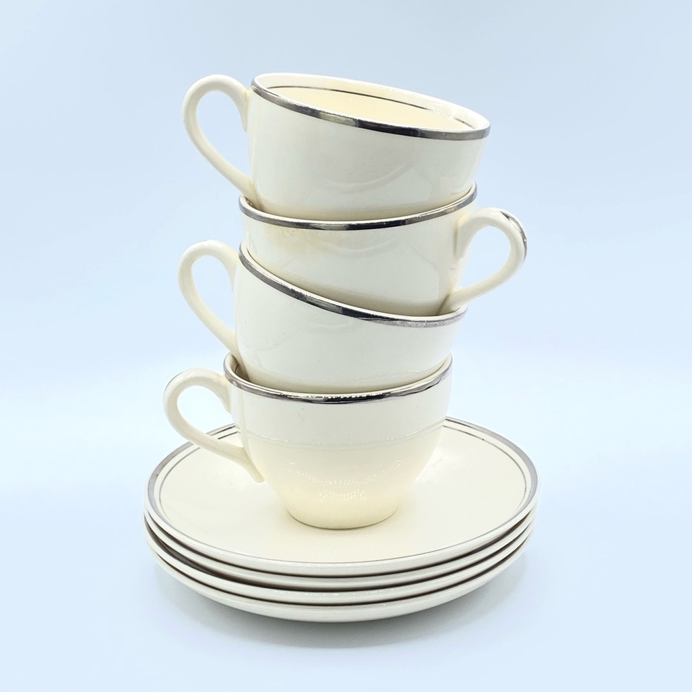 ‼️SOLD‼️ Vtg Ballerina 22 Carat Platinum Rim China - 8 Piece Tea Cups & Saucers